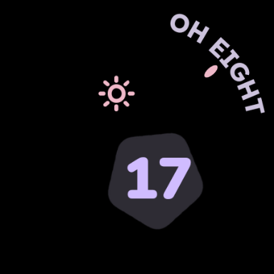 CrazyDate at 17:08: the hour inside a morphing shape, OH EIGHT on the rim, weather sun opposite